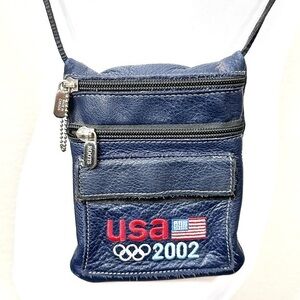 ROOTS 2002 USA Olympics Blue Leather Crossbody Belt Bag Pouch Salt Lake City